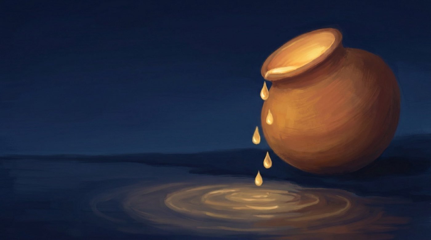 Illustration of a clay pot with golden drops