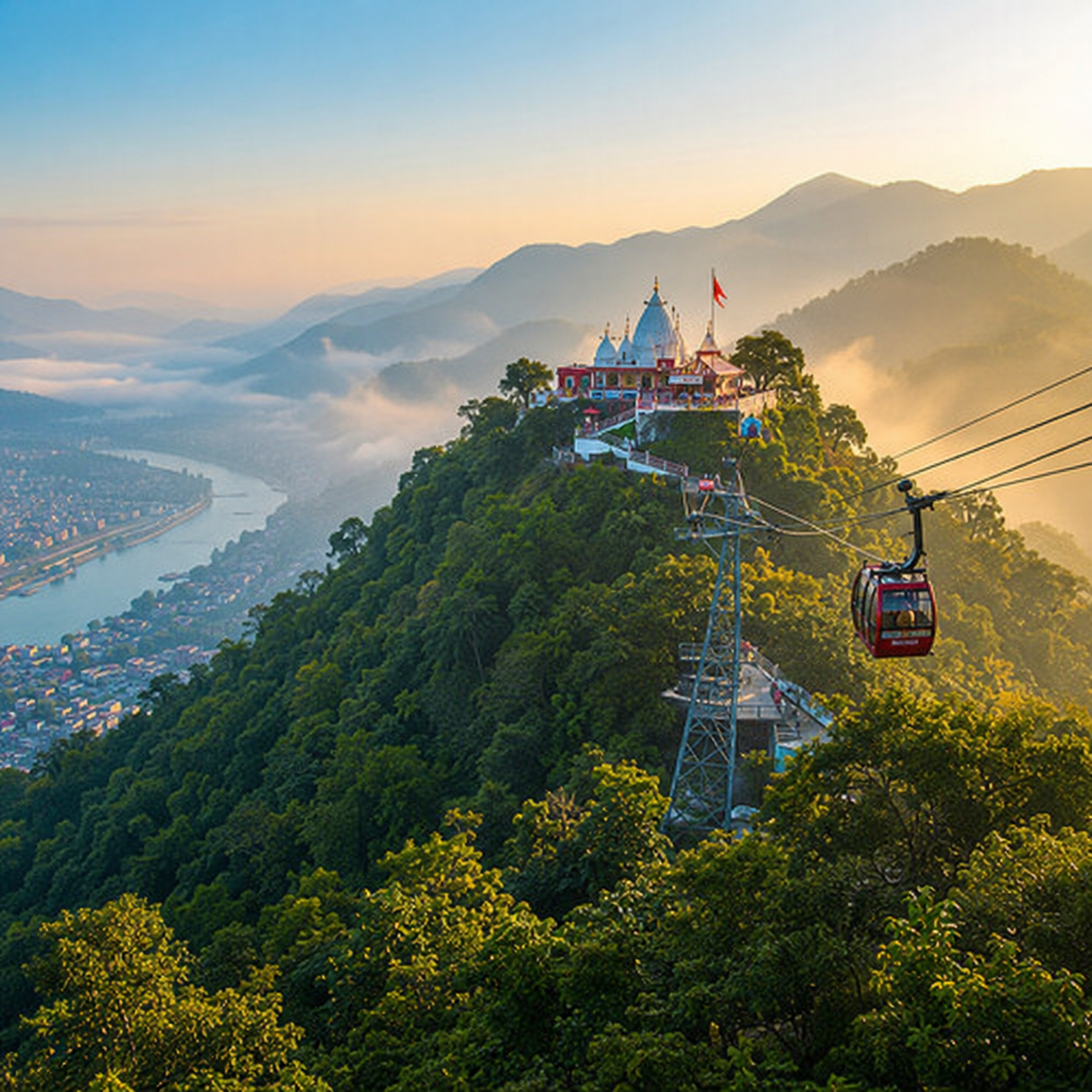 Chandi Devi Temple on Neel Parvat in Haridwar with ropeway and Shivalik hills