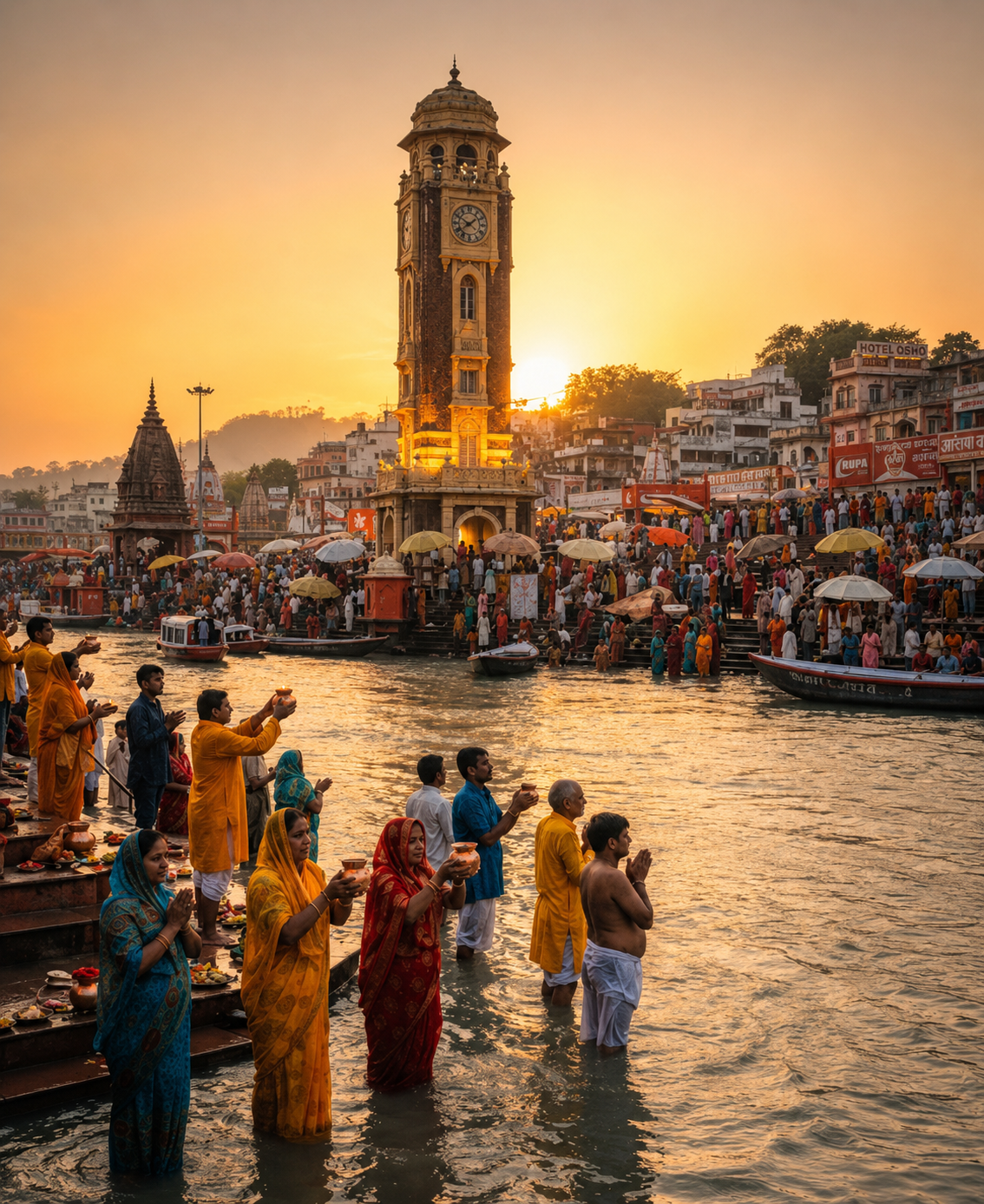 Har Ki Pauri ghat in Haridwar with clock tower, pilgrims and Ganga Aarti atmosphere