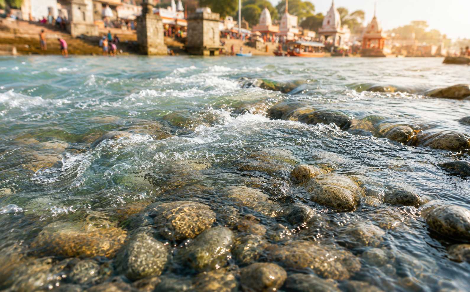 Fast moving clear Ganga river water at Haridwar with morning sunlight and sacred river atmosphere