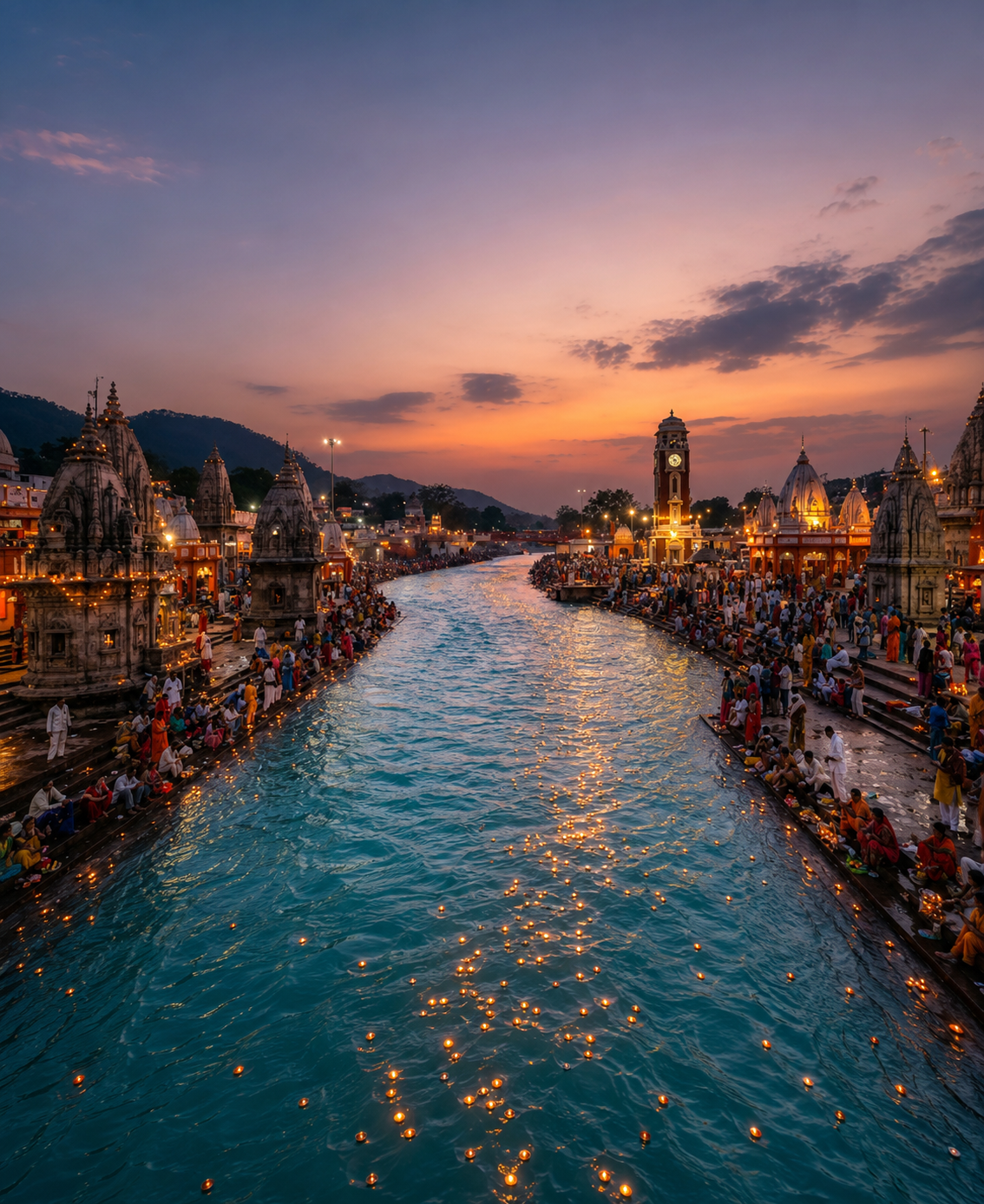 Har Ki Pauri ghat in Haridwar during evening Ganga Aarti with flowing Ganga river, diyas and spiritual atmosphere