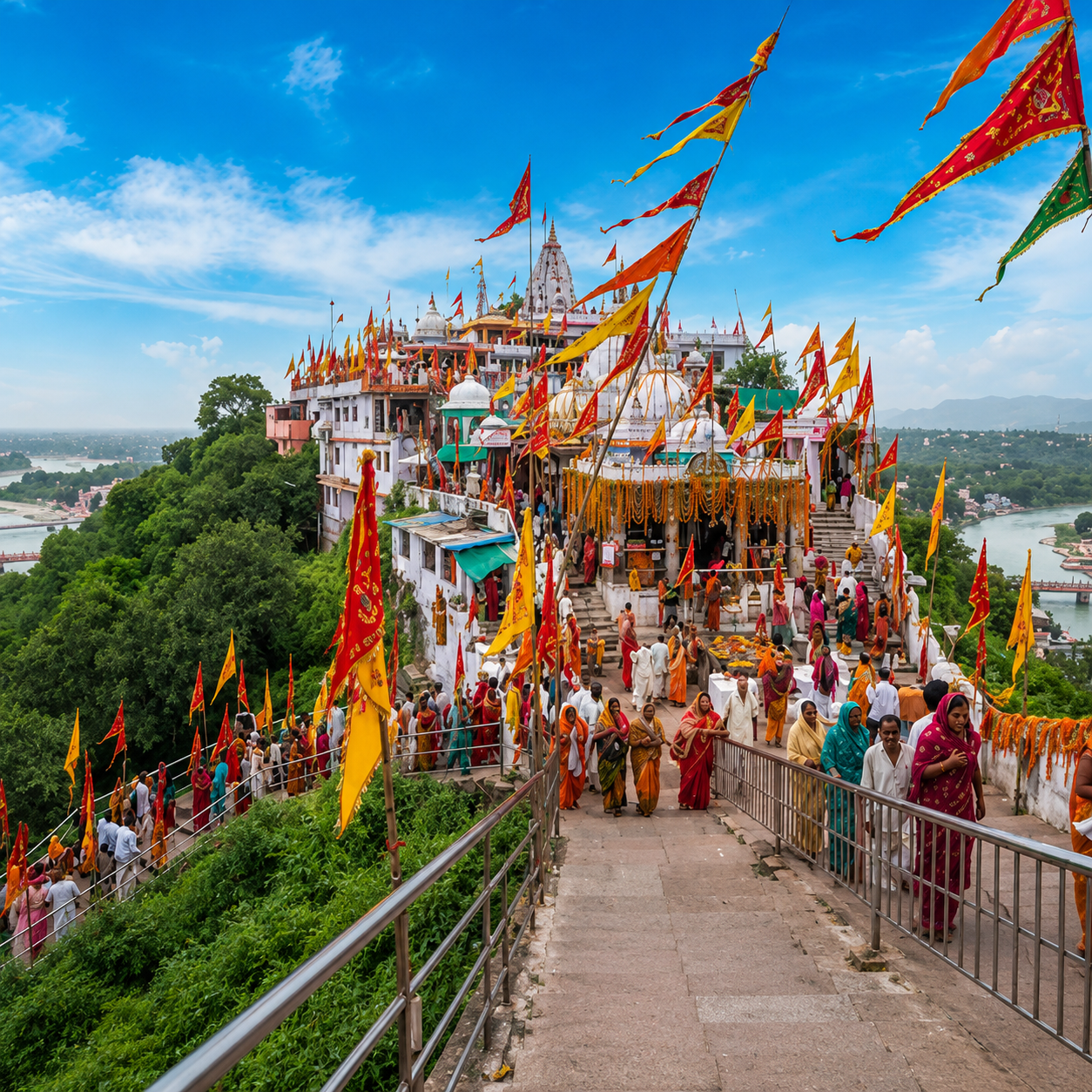 Mansa Devi Temple on Bilwa Parvat in Haridwar with colorful flags and hilltop temple atmosphere