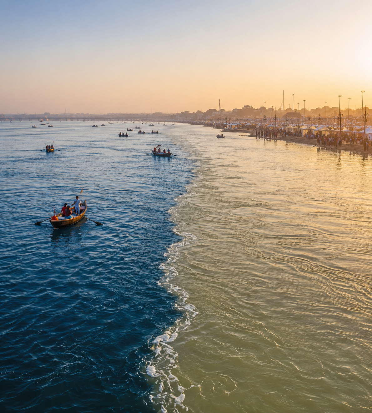 Close view of two river currents meeting at Triveni Sangam, showing deep blue and pale green water with soft spiritual sunlight
