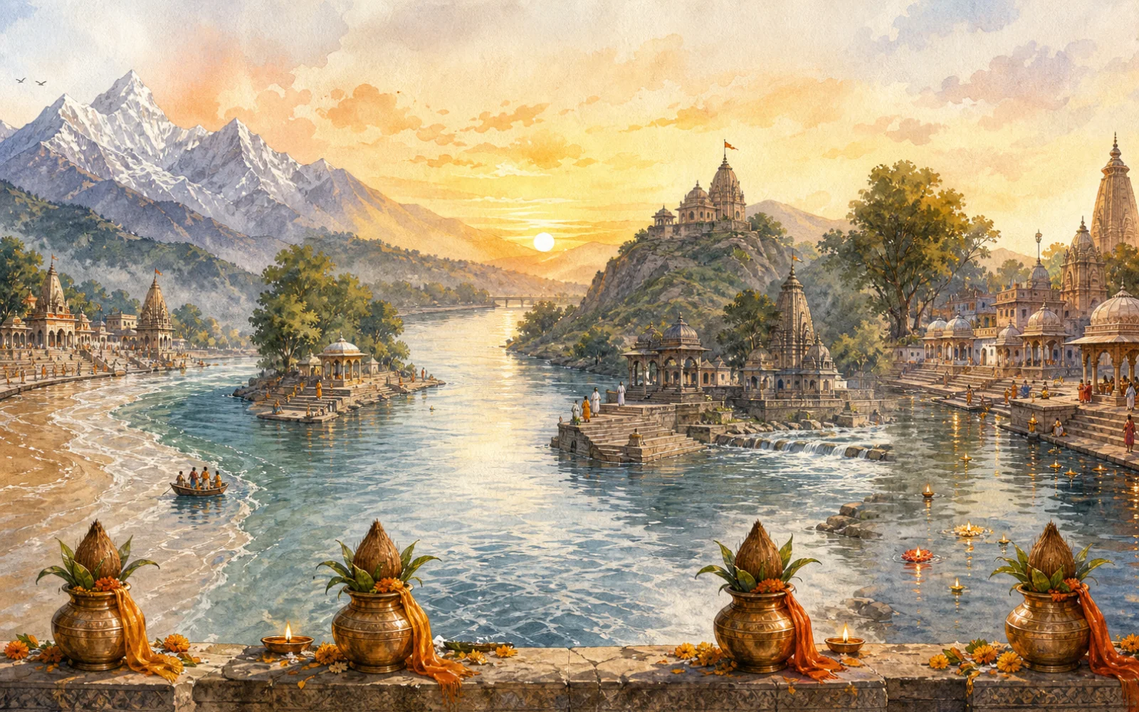 Symbolic editorial panorama of sacred river landscapes, pilgrimage ghats and four ceremonial kalashas connected by flowing water at dawn.