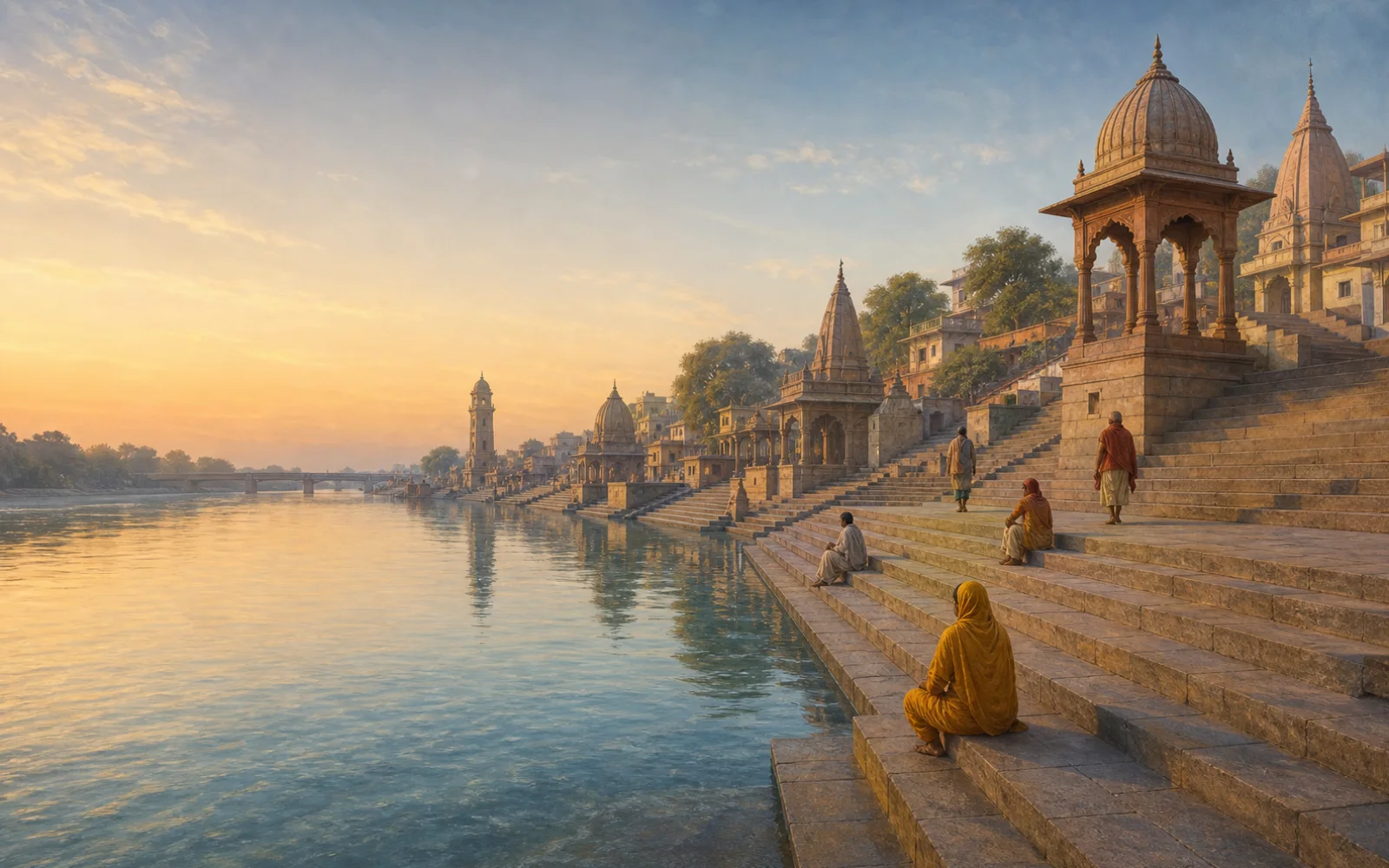 सुबह की गर्म रोशनी में गंगा का शांत तट, चौड़ी पत्थर की सीढ़ियाँ और दूर मंदिरों की आकृतियाँ दिखाई देती हैं।