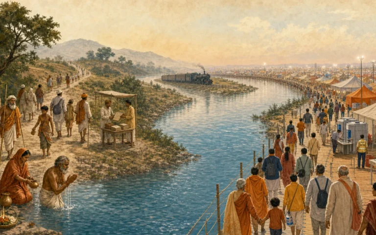 Editorial illustration showing a sacred river pilgrimage changing over time from a simple historical gathering to a modern temporary Kumbh settlement.