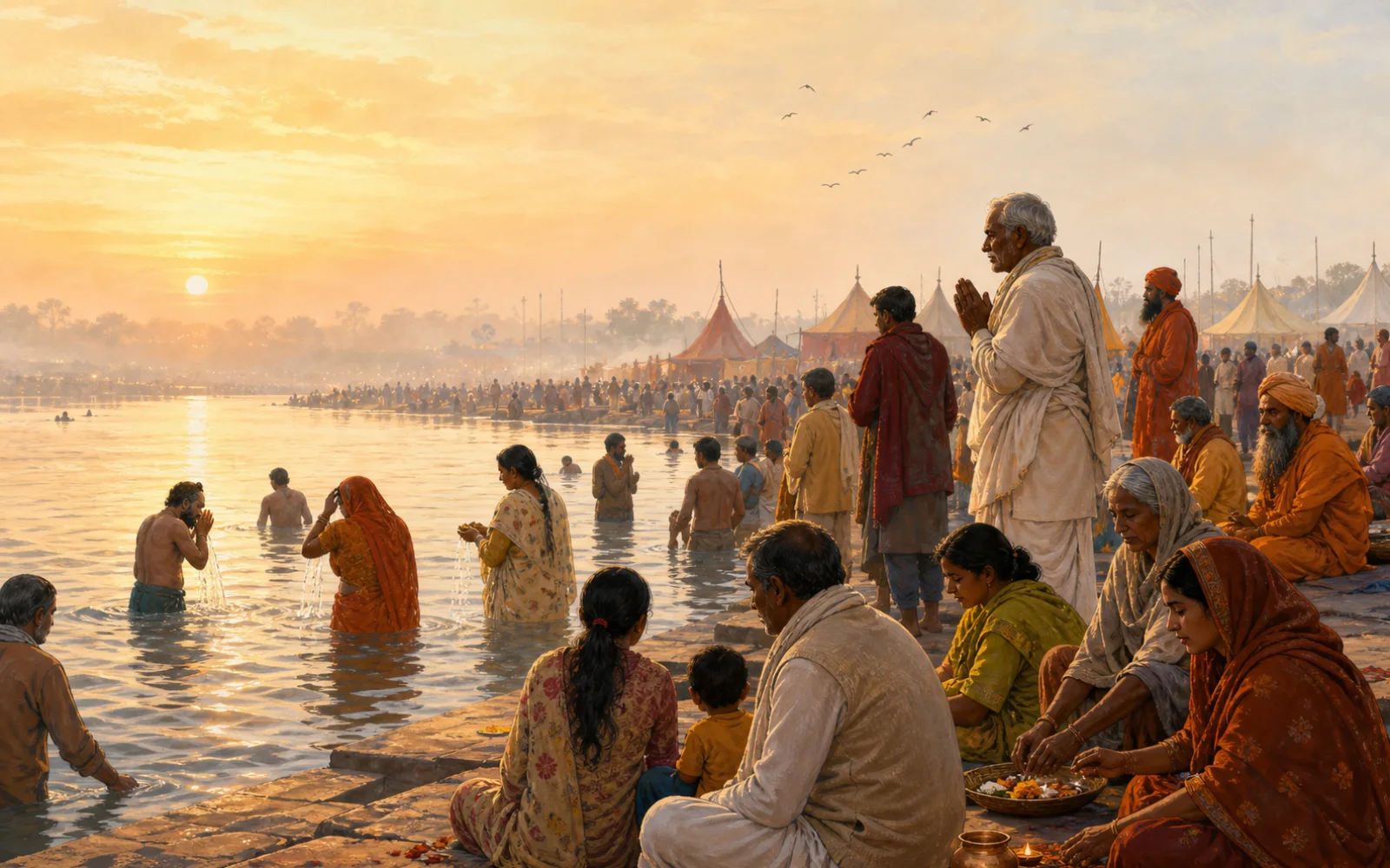 भोर में पवित्र नदी के किनारे स्नान के लिए एकत्र विभिन्न आयु के तीर्थयात्रियों का संपादकीय चित्रण।
