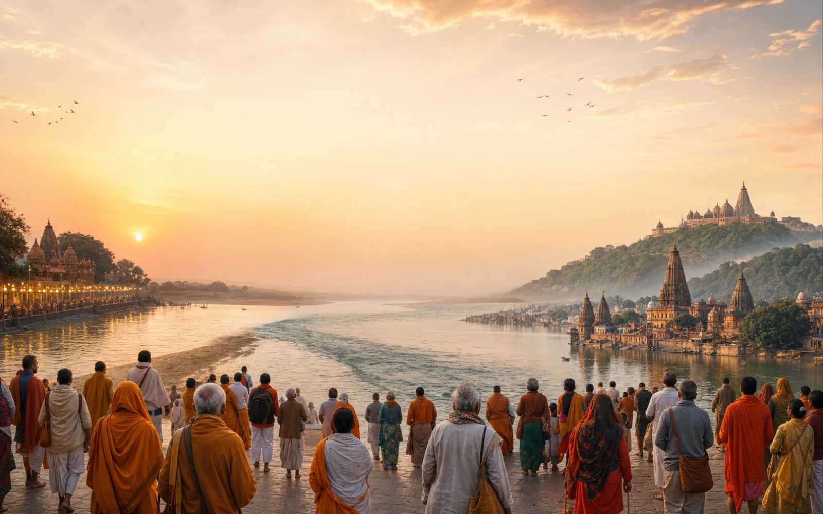 बहु-पीढ़ी समूह सूर्योदय में विस्तृत नदी और चार कुंभ भू-दृश्य संकेतों के शांत संपादकीय संयोजन की ओर देखता है।