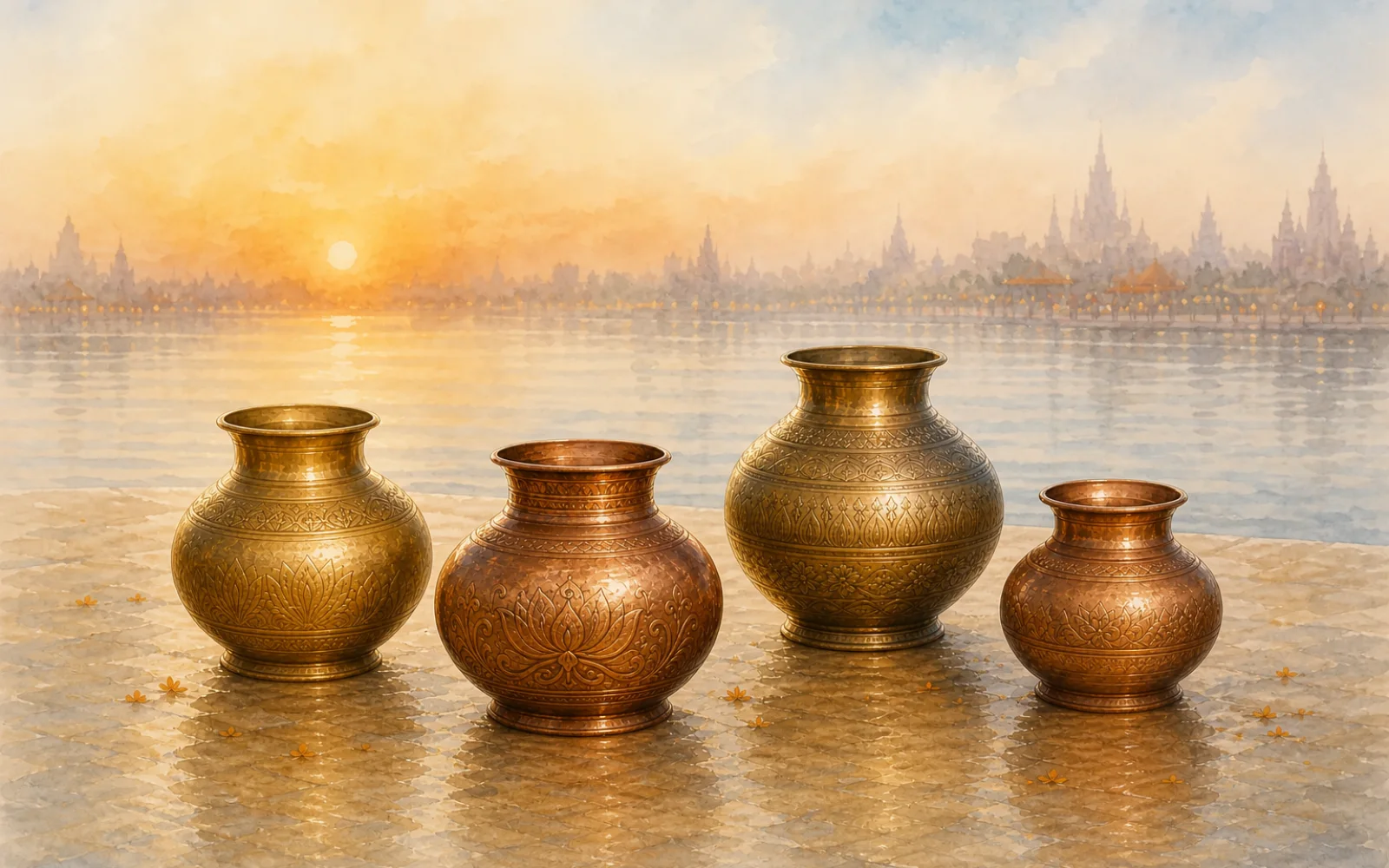 Four differently shaped ceremonial kalashas arranged with equal dignity beside a calm river at dawn.