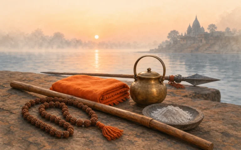 भोर की नदी के किनारे रुद्राक्ष, लकड़ी का दंड, तह किया भगवा वस्त्र, पीतल का कमंडल, भस्म और पारंपरिक भाला।