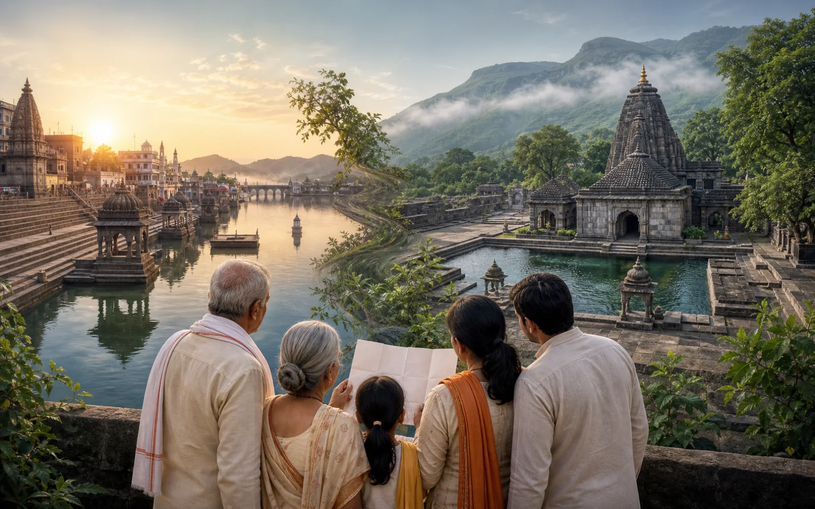 A multigenerational family studies a blank guide while viewing separate Nashik riverfront and green Trimbakeshwar sacred settings.