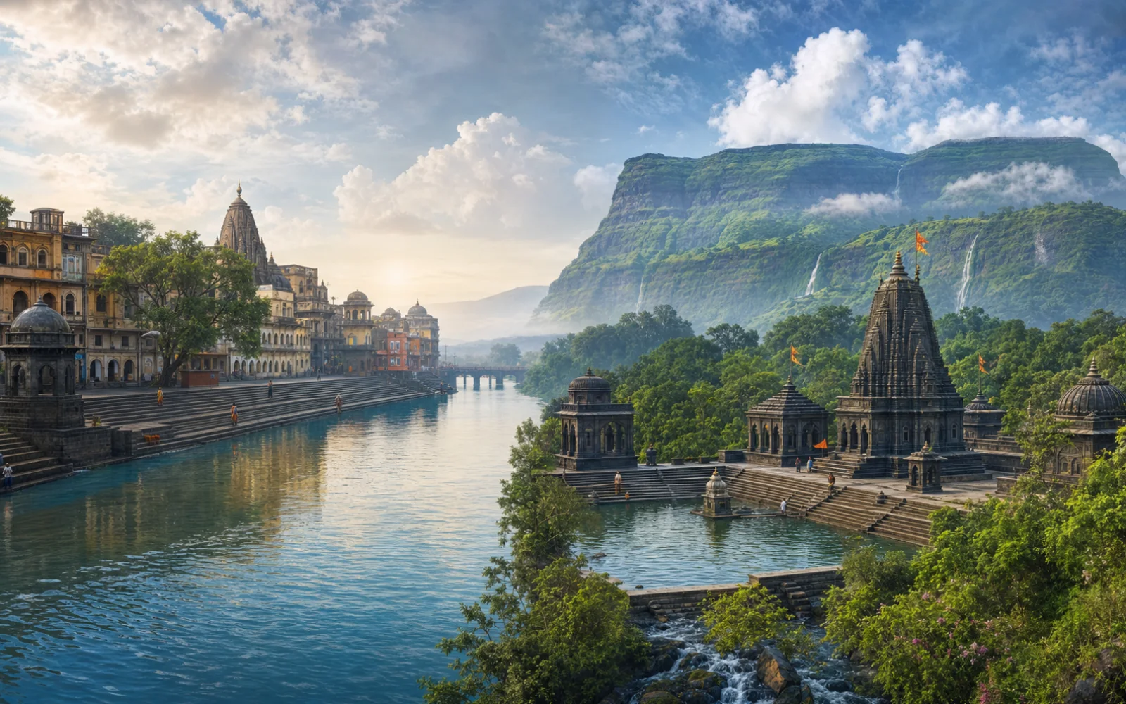 गोदावरी का शहरी घाट धीरे-धीरे हरे त्र्यंबकेश्वर दृश्य में बदलता है, जहाँ पवित्र जलकुंड और काले पत्थर के मंदिर दिखाई देते हैं।