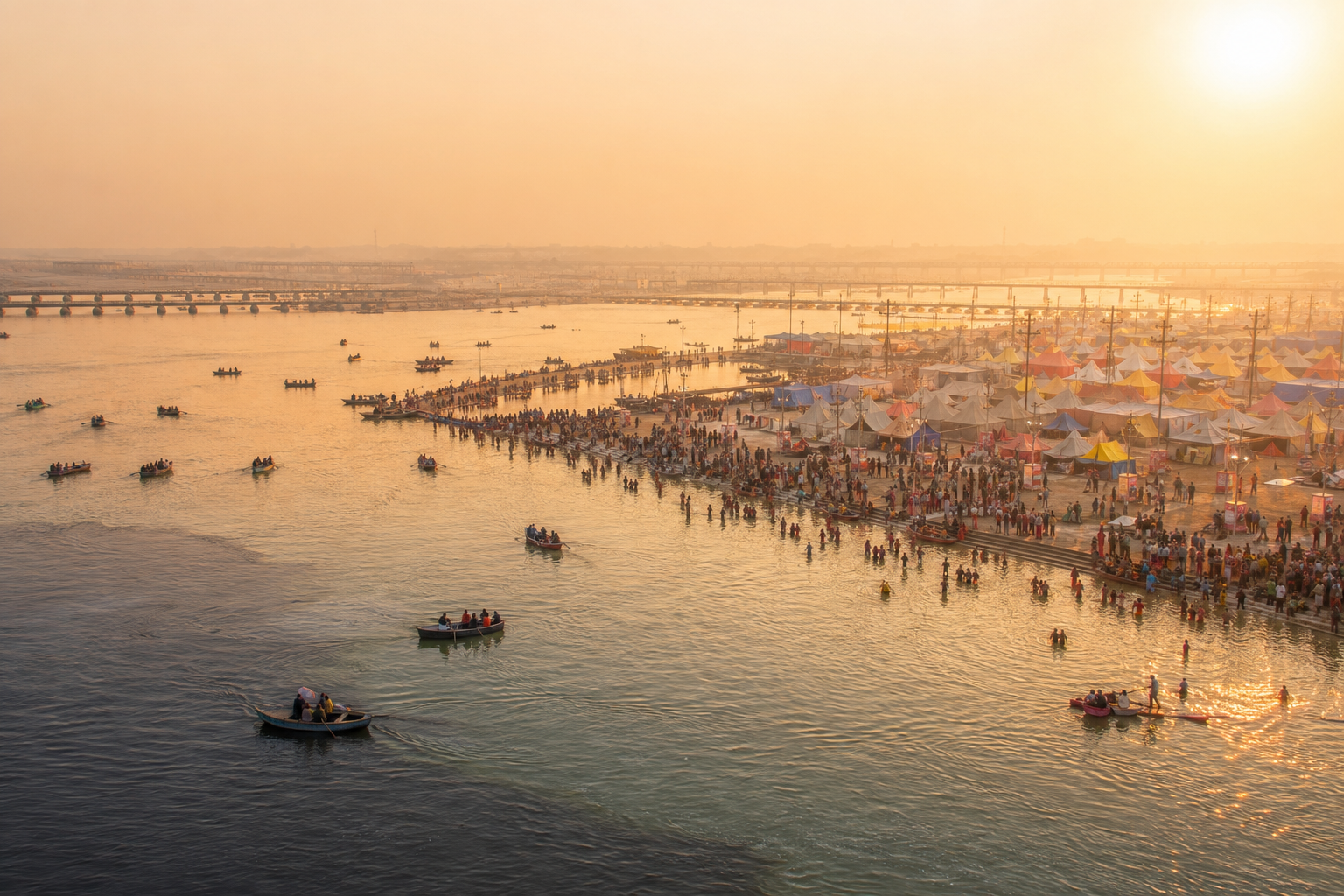 Panoramic view of Prayagraj Triveni Sangam during golden sunrise with pilgrims, boats, riverbanks and Kumbh Mela atmosphere