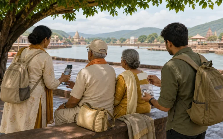दो वरिष्ठ छाया में विश्राम करते हैं और परिवार के साथी पानी देते हुए खाली संपर्क कार्ड व छोटी दवा थैली जाँचते हैं।