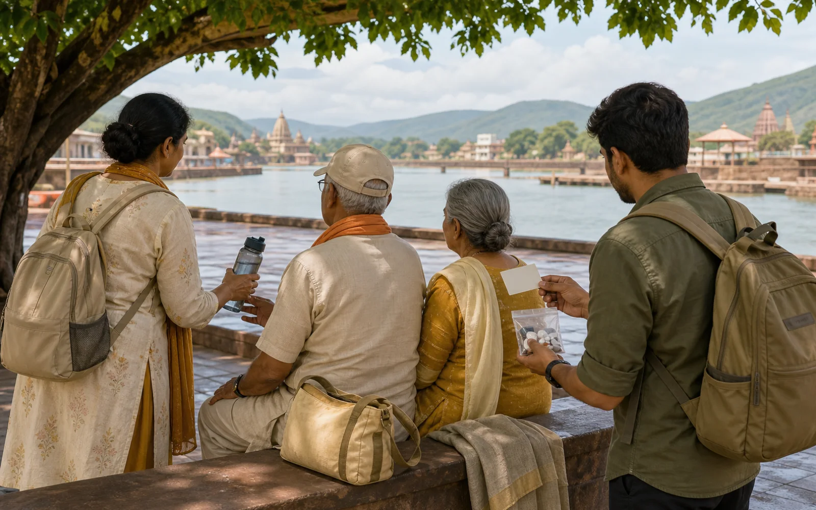दो वरिष्ठ छाया में विश्राम करते हैं और परिवार के साथी पानी देते हुए खाली संपर्क कार्ड व छोटी दवा थैली जाँचते हैं।