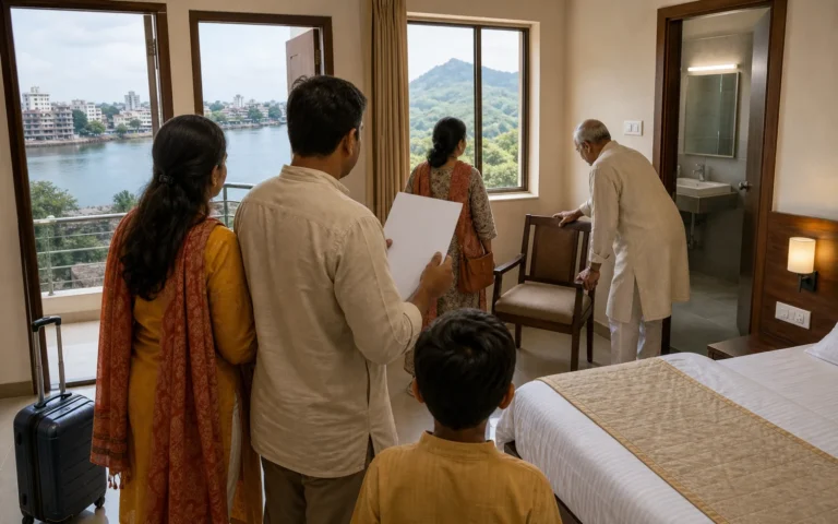 A family inspects a modest guest room, blank checklist, clear walking space, chair and bathroom doorway before choosing a stay.