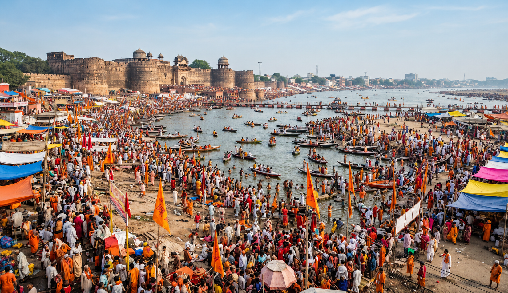 Akbar Fort near Triveni Sangam in Prayagraj with pilgrims and riverfront atmosphere