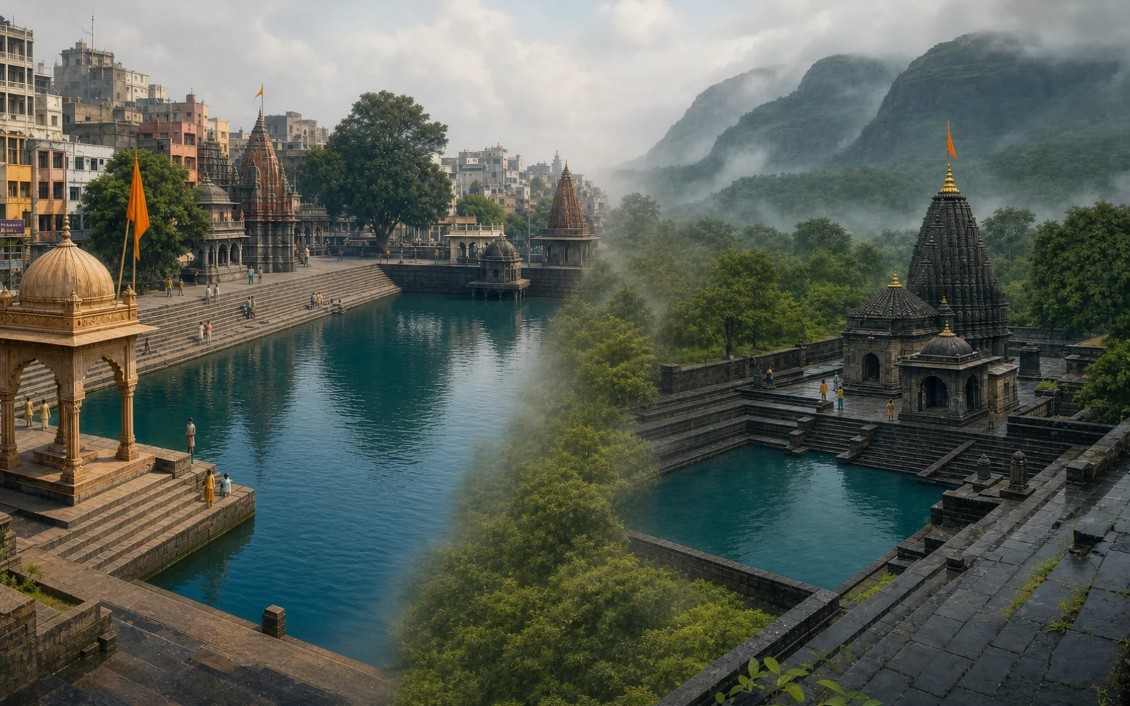 Separate urban Godavari and green Trimbakeshwar kund scenes appear side by side, divided by a natural band of vegetation.