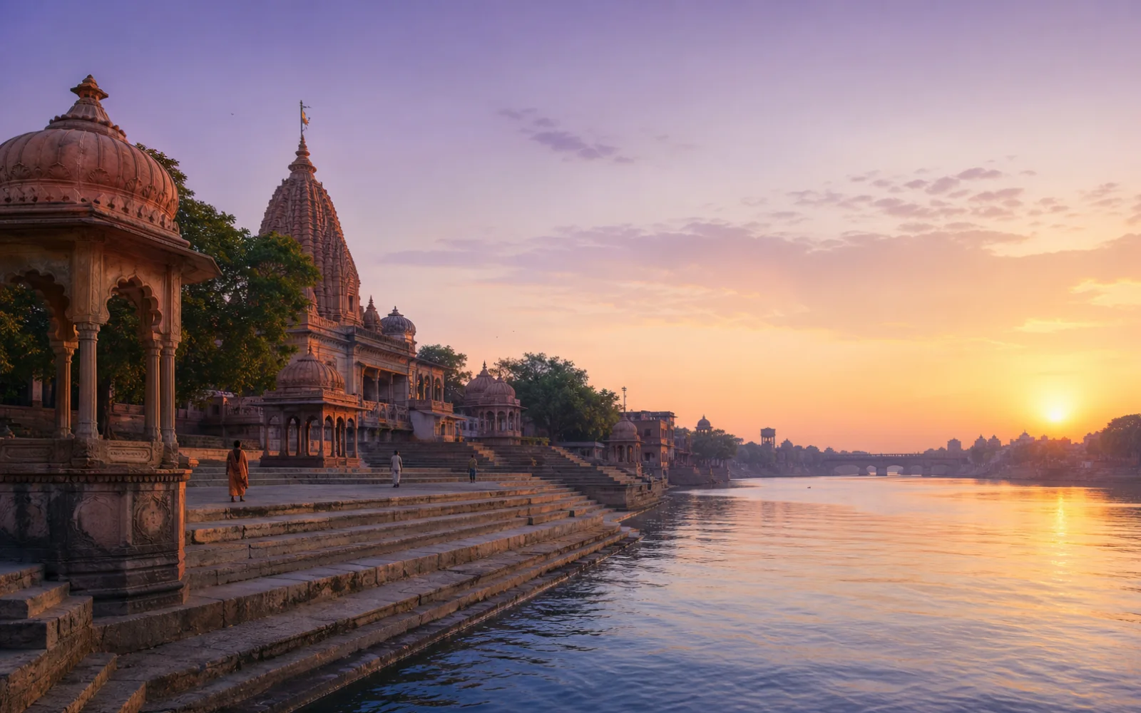 A peaceful Shipra riverfront with broad stone steps and temple silhouettes under a lavender and gold dawn sky.