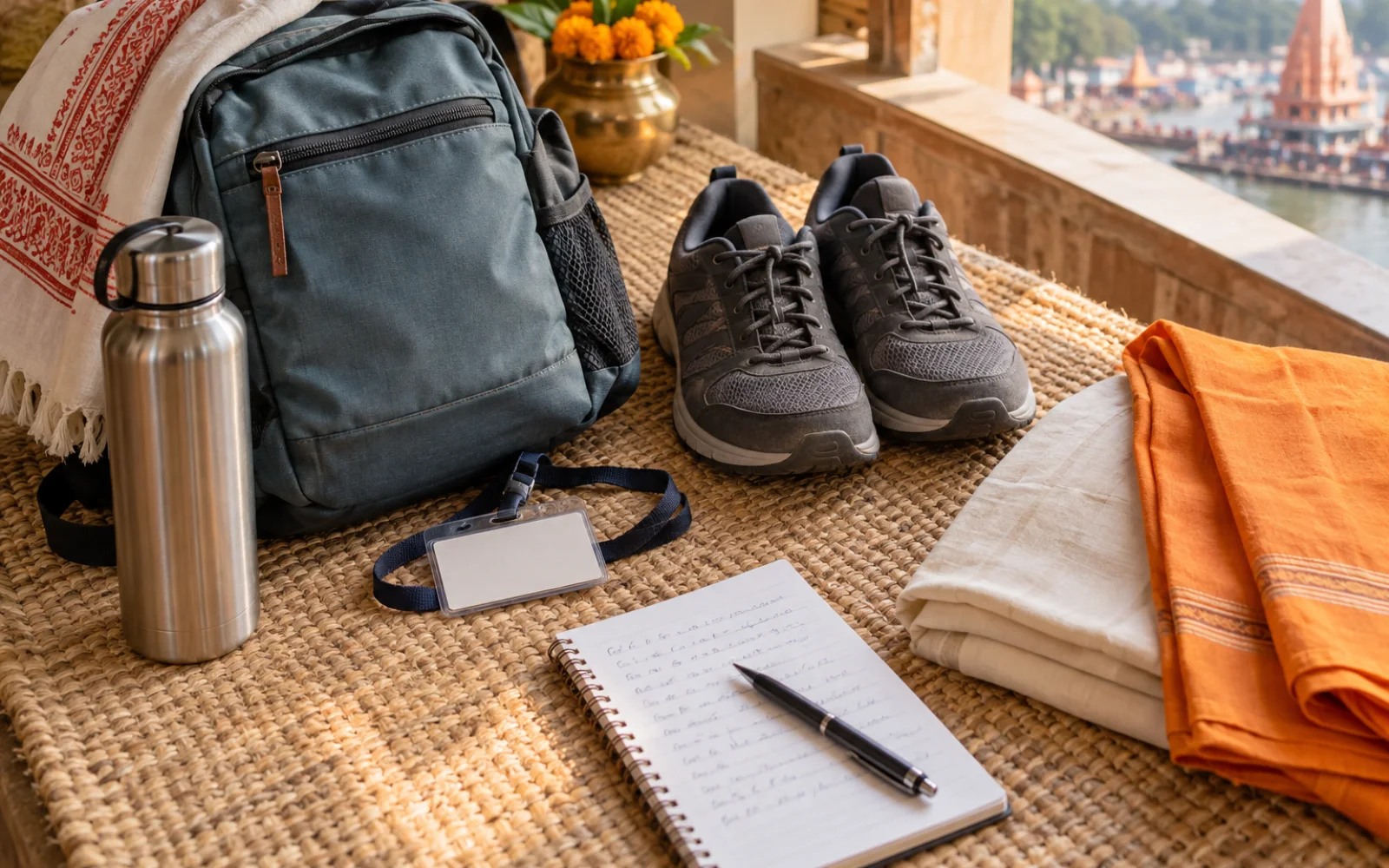 A light bag, water bottle, walking shoes, blank identification card and written plan prepared for a Haridwar visit.