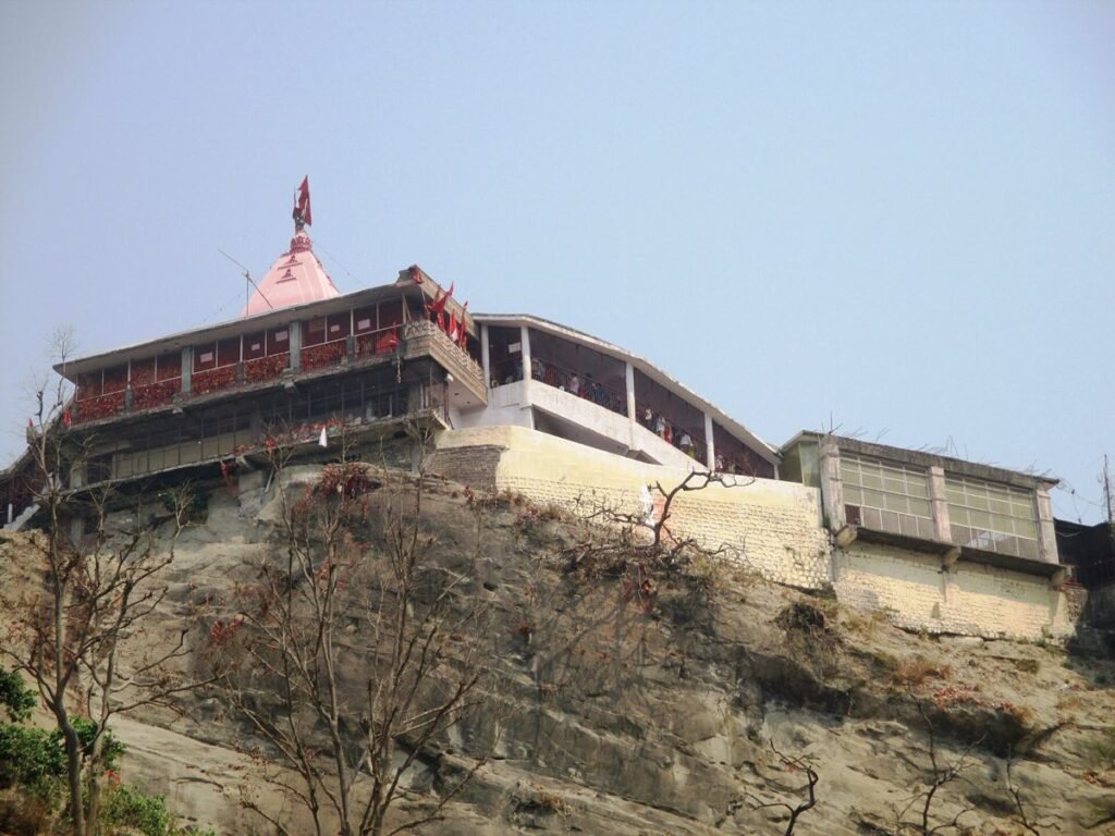Chandi Devi Temple on the rocky top of Neel Parvat above Haridwar, seen from below