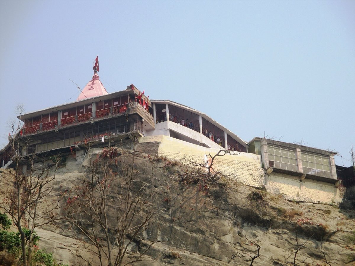 Chandi Devi Temple on the rocky top of Neel Parvat above Haridwar, seen from below