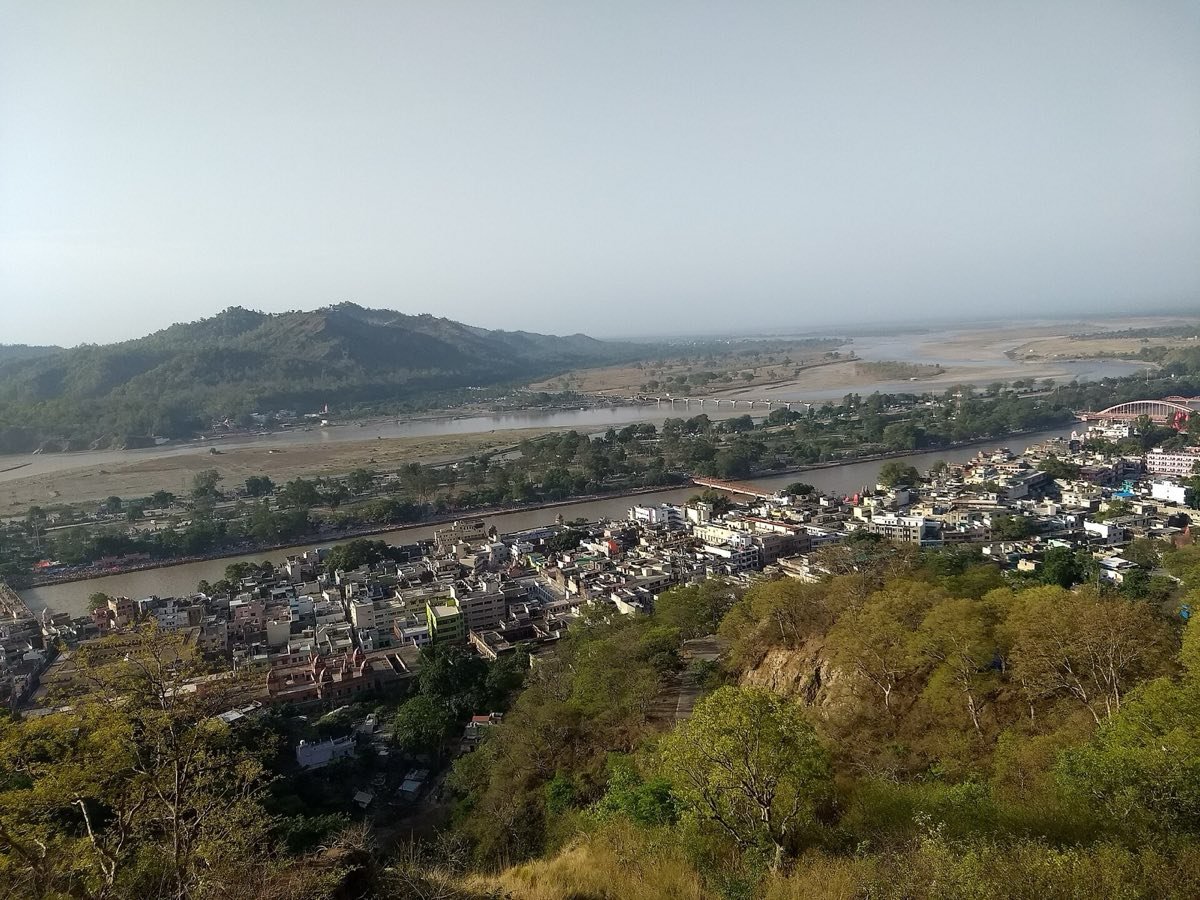 The Ganga, Haridwar town and the Chandi Devi hill across the river, seen from the top of Mansa Devi hill
