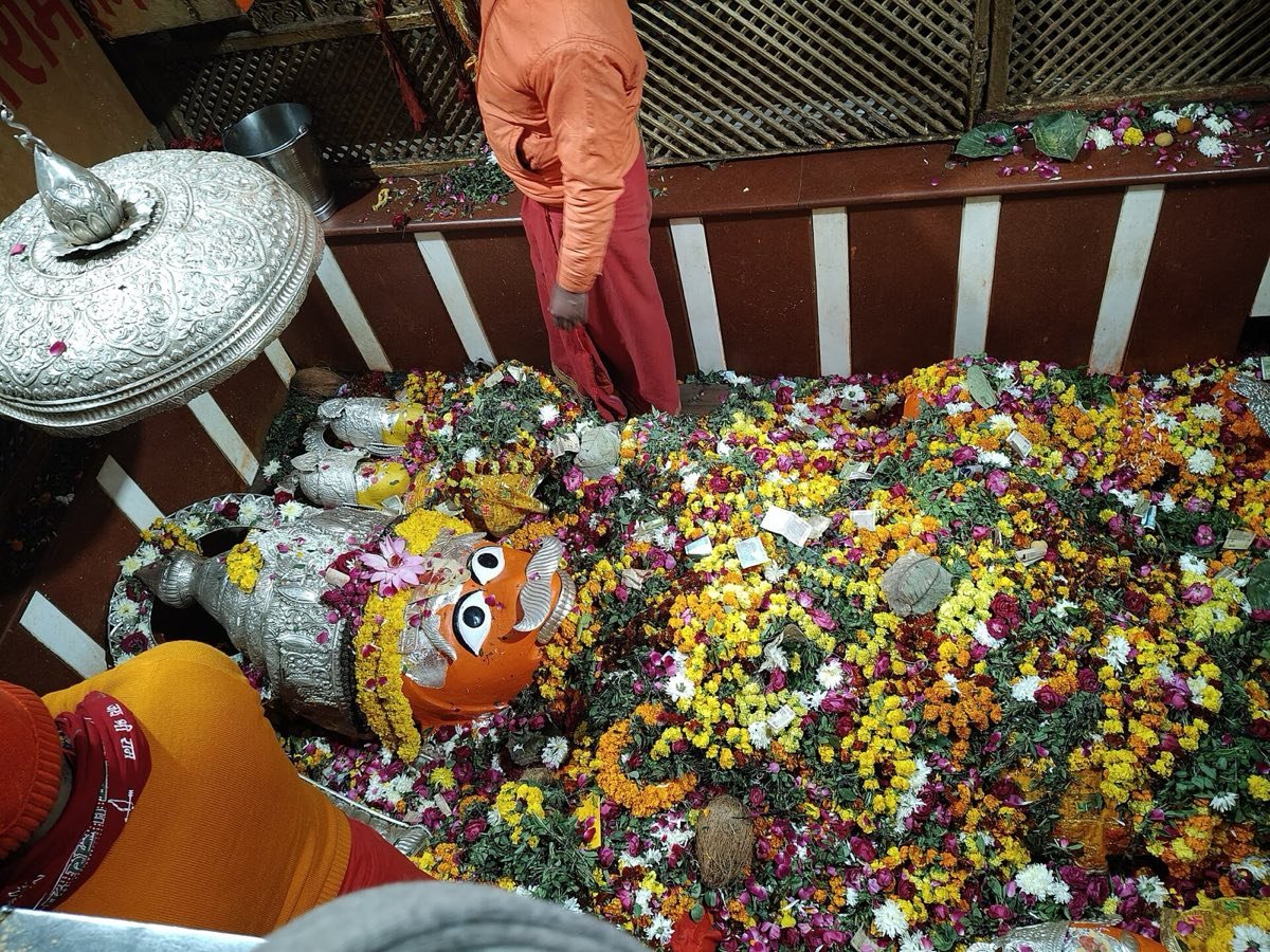 The reclining image of Hanuman at the Bade Hanuman Temple, Prayagraj, covered in flower offerings