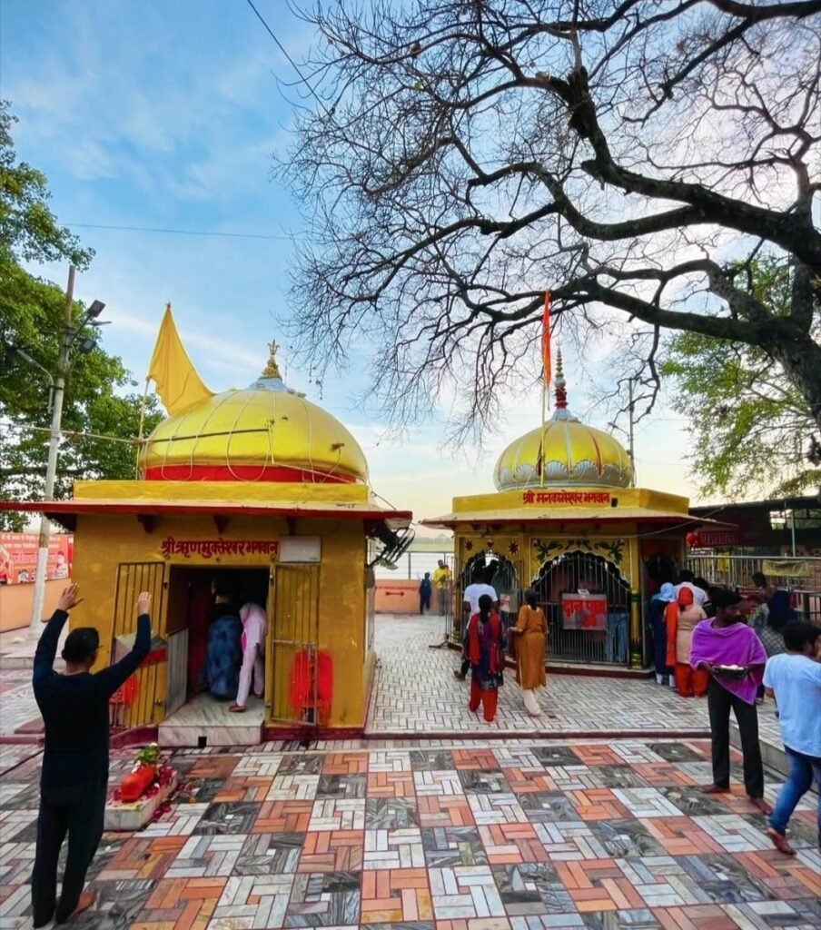 Yellow domed shrines in the courtyard of the Mankameshwar Temple by the Yamuna in Prayagraj
