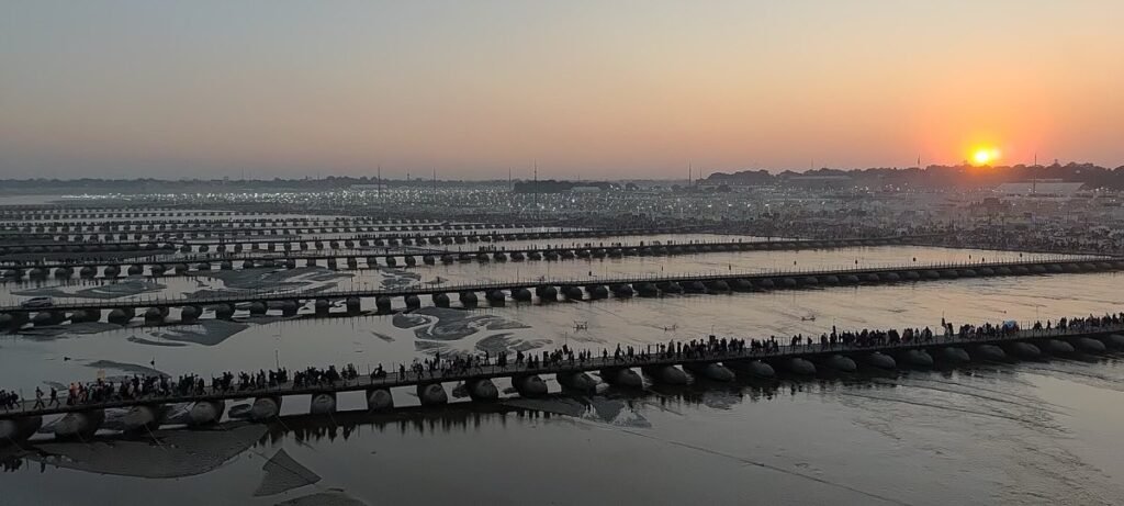 Pontoon bridges at sunset, Maha Kumbh 2025