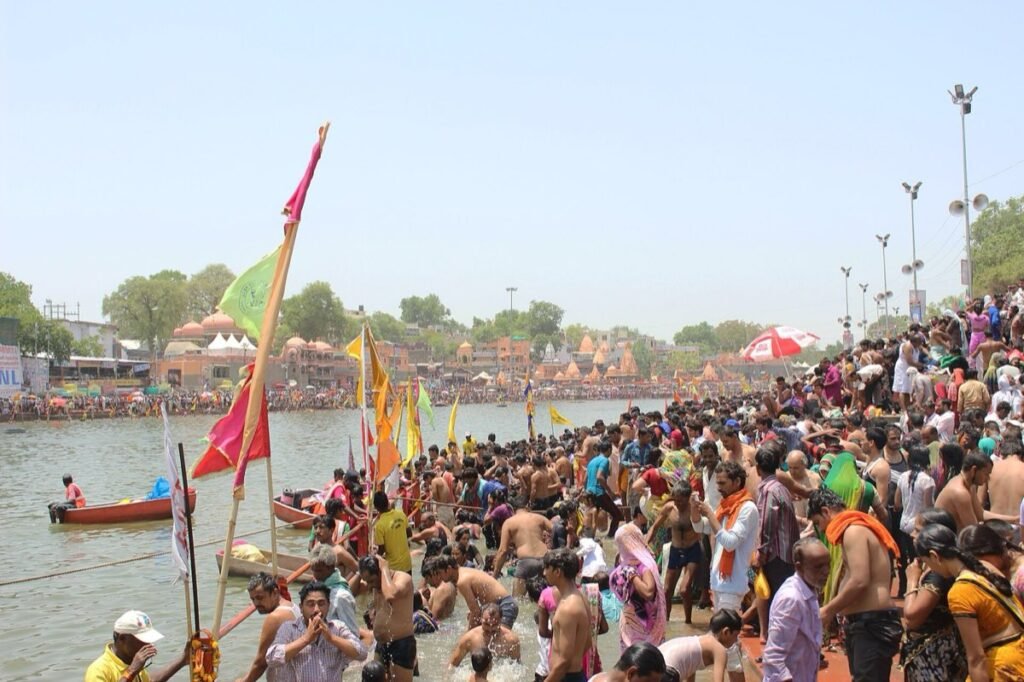Pilgrims bathing in the Shipra at Ram Ghat on a Simhastha bathing day in 2016, Ujjain